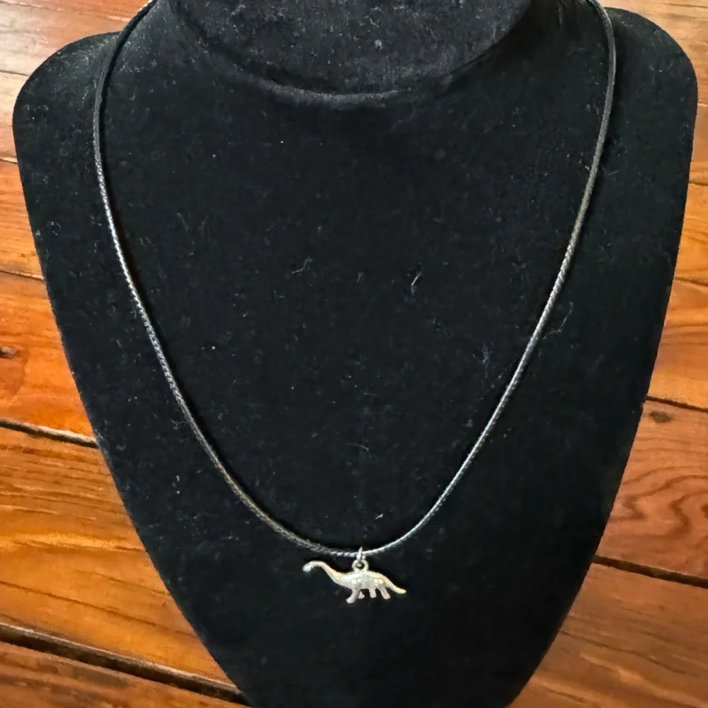 Silver Dinosaur Pendant Adjustable Leather Cord Necklace